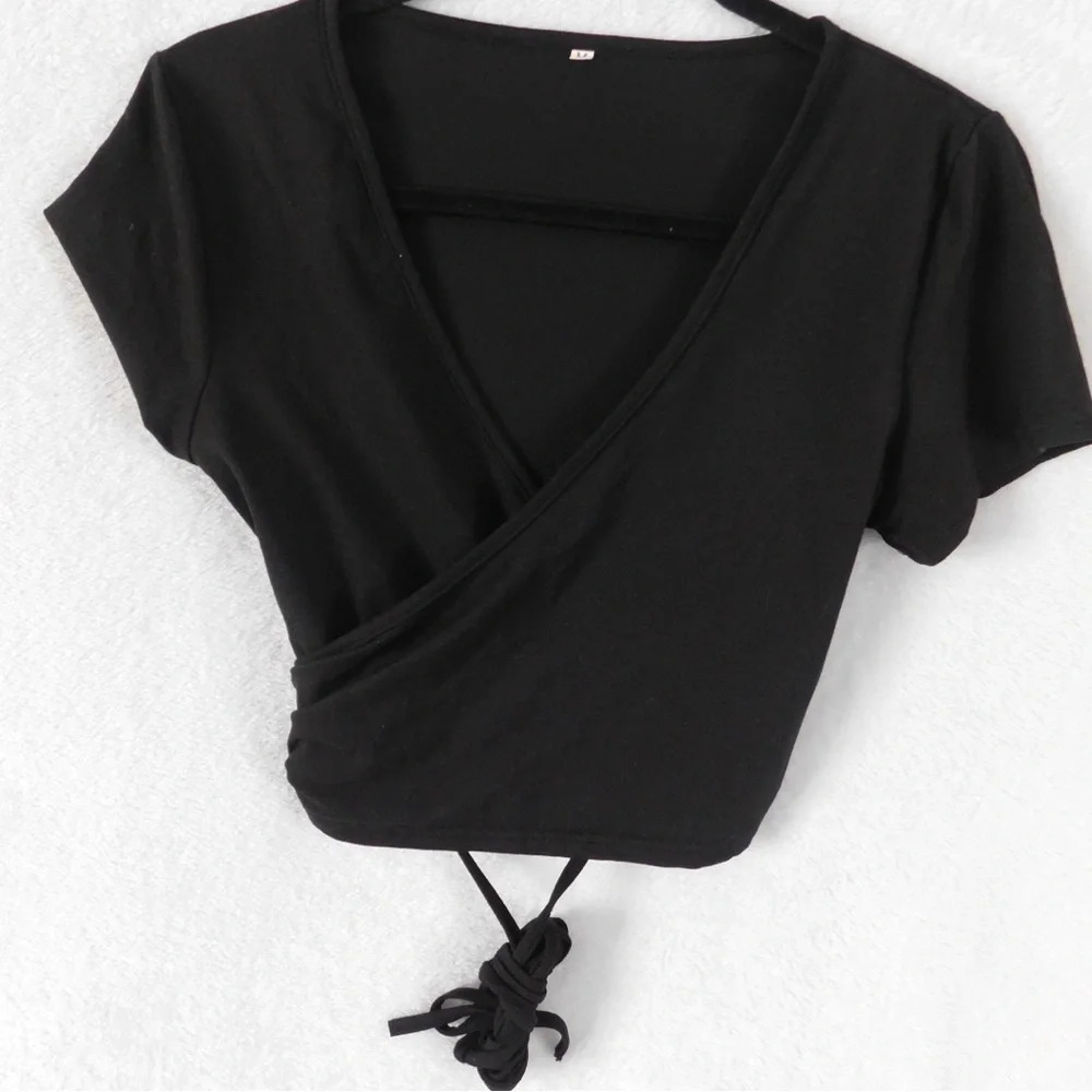 Wrap Crop Top Tie Back V Neck‎ Short Sleeve Blouse Black Size M